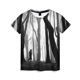 Женская футболка 3D с принтом Утро в лесу в Кировске, 100% полиэфир ( синтетическое хлопкоподобное полотно) | прямой крой, круглый вырез горловины, длина до линии бедер | black   white | fog | forest | man | morning | photo | silhouette | trees | деревья | лес | силуэт | туман | утро | фото | человек | черно   белое