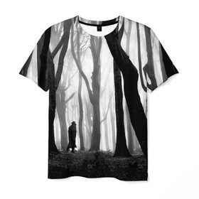 Мужская футболка 3D с принтом Утро в лесу в Кировске, 100% полиэфир | прямой крой, круглый вырез горловины, длина до линии бедер | black   white | fog | forest | man | morning | photo | silhouette | trees | деревья | лес | силуэт | туман | утро | фото | человек | черно   белое
