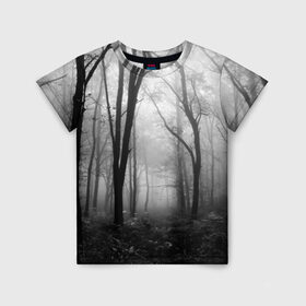Детская футболка 3D с принтом Туман в лесу в Кировске, 100% гипоаллергенный полиэфир | прямой крой, круглый вырез горловины, длина до линии бедер, чуть спущенное плечо, ткань немного тянется | Тематика изображения на принте: black   white | fog | forest | morning | photo | silhouette | trees | деревья | лес | силуэт | туман | утро | фото | черно   белое