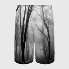 Детские спортивные шорты 3D с принтом Туман в лесу в Кировске,  100% полиэстер
 | пояс оформлен широкой мягкой резинкой, ткань тянется
 | black   white | fog | forest | morning | photo | silhouette | trees | деревья | лес | силуэт | туман | утро | фото | черно   белое