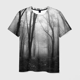 Мужская футболка 3D с принтом Туман в лесу в Кировске, 100% полиэфир | прямой крой, круглый вырез горловины, длина до линии бедер | black   white | fog | forest | morning | photo | silhouette | trees | деревья | лес | силуэт | туман | утро | фото | черно   белое