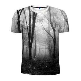 Мужская футболка 3D спортивная с принтом Туман в лесу в Кировске, 100% полиэстер с улучшенными характеристиками | приталенный силуэт, круглая горловина, широкие плечи, сужается к линии бедра | black   white | fog | forest | morning | photo | silhouette | trees | деревья | лес | силуэт | туман | утро | фото | черно   белое
