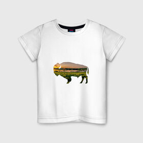Детская футболка хлопок с принтом бизон закат в Кировске, 100% хлопок | круглый вырез горловины, полуприлегающий силуэт, длина до линии бедер | бизон | закат | залив | зелень | лето | луг | поле | солнце