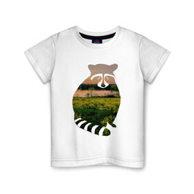 Детская футболка хлопок с принтом енот закат в Кировске, 100% хлопок | круглый вырез горловины, полуприлегающий силуэт, длина до линии бедер | енот | закат | залив | зелень | лето | луг | поле | солнце