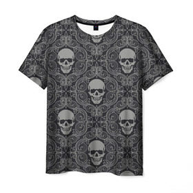 Мужская футболка 3D с принтом Ажурные черепа в Кировске, 100% полиэфир | прямой крой, круглый вырез горловины, длина до линии бедер | Тематика изображения на принте: кости | мозаика | узор | череп
