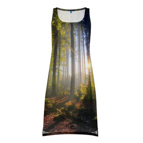 Платье-майка 3D с принтом Утро в лесу в Кировске, 100% полиэстер | полуприлегающий силуэт, широкие бретели, круглый вырез горловины, удлиненный подол сзади. | bright | fog | forest | morning | sun | tree | trees | дерево | деревья | лес | солнце | туман | утро | яркое