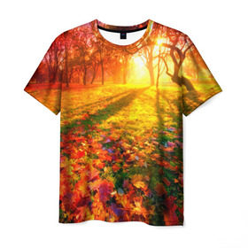 Мужская футболка 3D с принтом Осень в Кировске, 100% полиэфир | прямой крой, круглый вырез горловины, длина до линии бедер | autumn | bright | colors | forest | trees | деревья | краски | лес | лучи | осень | солнце | цвета | яркие