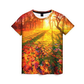 Женская футболка 3D с принтом Осень в Кировске, 100% полиэфир ( синтетическое хлопкоподобное полотно) | прямой крой, круглый вырез горловины, длина до линии бедер | autumn | bright | colors | forest | trees | деревья | краски | лес | лучи | осень | солнце | цвета | яркие