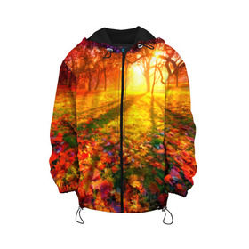 Детская куртка 3D с принтом Осень в Кировске, 100% полиэстер | застежка — молния, подол и капюшон оформлены резинкой с фиксаторами, по бокам — два кармана без застежек, один потайной карман на груди, плотность верхнего слоя — 90 г/м2; плотность флисового подклада — 260 г/м2 | Тематика изображения на принте: autumn | bright | colors | forest | trees | деревья | краски | лес | лучи | осень | солнце | цвета | яркие
