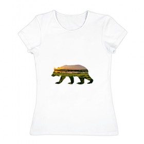 Женская футболка хлопок с принтом медведь закат в Кировске, 100% хлопок | прямой крой, круглый вырез горловины, длина до линии бедер, слегка спущенное плечо | 