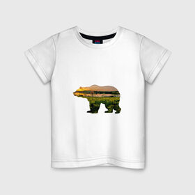 Детская футболка хлопок с принтом медведь закат в Кировске, 100% хлопок | круглый вырез горловины, полуприлегающий силуэт, длина до линии бедер | закат | залив | зелень | лето | луг | медведь | мишка | поле | солнце