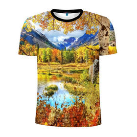 Мужская футболка 3D спортивная с принтом Горное озеро в Кировске, 100% полиэстер с улучшенными характеристиками | приталенный силуэт, круглая горловина, широкие плечи, сужается к линии бедра | autumn | bright | clouds | colors | forest | mountains | river | trees | горы | деревья | краски | лес | облака | осень | река | цвета | яркие