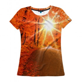 Женская футболка 3D с принтом Осеннее солнце в Кировске, 100% полиэфир ( синтетическое хлопкоподобное полотно) | прямой крой, круглый вырез горловины, длина до линии бедер | autumn | bright | colors | forest | trees | деревья | дорога | краски | лес | лучи | осень | солнце | цвета | яркие