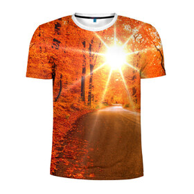 Мужская футболка 3D спортивная с принтом Осеннее солнце в Кировске, 100% полиэстер с улучшенными характеристиками | приталенный силуэт, круглая горловина, широкие плечи, сужается к линии бедра | autumn | bright | colors | forest | trees | деревья | дорога | краски | лес | лучи | осень | солнце | цвета | яркие
