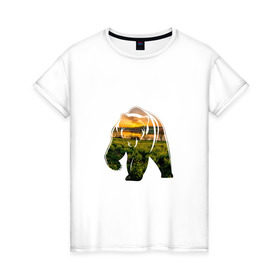 Женская футболка хлопок с принтом медведь закат в Кировске, 100% хлопок | прямой крой, круглый вырез горловины, длина до линии бедер, слегка спущенное плечо | закат | залив | зелень | лето | луг | медведь | мишка | поле | солнце