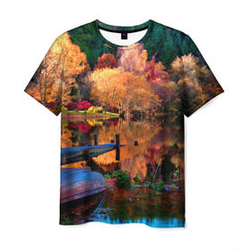 Мужская футболка 3D с принтом Осень в Кировске, 100% полиэфир | прямой крой, круглый вырез горловины, длина до линии бедер | autumn | boat | bright | colors | forest | paint | river | trees | деревья | краски | лес | лодка | осень | река | цвета | яркие