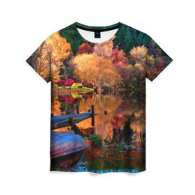 Женская футболка 3D с принтом Осень в Кировске, 100% полиэфир ( синтетическое хлопкоподобное полотно) | прямой крой, круглый вырез горловины, длина до линии бедер | autumn | boat | bright | colors | forest | paint | river | trees | деревья | краски | лес | лодка | осень | река | цвета | яркие