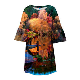 Детское платье 3D с принтом Осень в Кировске, 100% полиэстер | прямой силуэт, чуть расширенный к низу. Круглая горловина, на рукавах — воланы | Тематика изображения на принте: autumn | boat | bright | colors | forest | paint | river | trees | деревья | краски | лес | лодка | осень | река | цвета | яркие