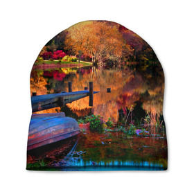 Шапка 3D с принтом Осень в Кировске, 100% полиэстер | универсальный размер, печать по всей поверхности изделия | autumn | boat | bright | colors | forest | paint | river | trees | деревья | краски | лес | лодка | осень | река | цвета | яркие