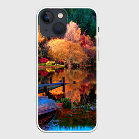 Чехол для iPhone 13 mini с принтом Осень в Кировске,  |  | autumn | boat | bright | colors | forest | paint | river | trees | деревья | краски | лес | лодка | осень | река | цвета | яркие