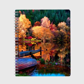 Тетрадь с принтом Осень в Кировске, 100% бумага | 48 листов, плотность листов — 60 г/м2, плотность картонной обложки — 250 г/м2. Листы скреплены сбоку удобной пружинной спиралью. Уголки страниц и обложки скругленные. Цвет линий — светло-серый
 | autumn | boat | bright | colors | forest | paint | river | trees | деревья | краски | лес | лодка | осень | река | цвета | яркие