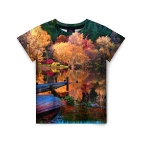Детская футболка 3D с принтом Осень в Кировске, 100% гипоаллергенный полиэфир | прямой крой, круглый вырез горловины, длина до линии бедер, чуть спущенное плечо, ткань немного тянется | autumn | boat | bright | colors | forest | paint | river | trees | деревья | краски | лес | лодка | осень | река | цвета | яркие