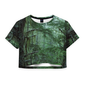 Женская футболка 3D укороченная с принтом Дремучий лес в Кировске, 100% полиэстер | круглая горловина, длина футболки до линии талии, рукава с отворотами | camouflage | dense | fog | forest | spruce | tree | дремучий | ёлка | ельник | камуфляж | лес | маскировка | туман