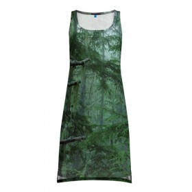 Платье-майка 3D с принтом Дремучий лес в Кировске, 100% полиэстер | полуприлегающий силуэт, широкие бретели, круглый вырез горловины, удлиненный подол сзади. | camouflage | dense | fog | forest | spruce | tree | дремучий | ёлка | ельник | камуфляж | лес | маскировка | туман