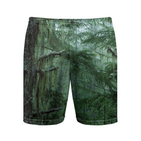Мужские шорты 3D спортивные с принтом Дремучий лес в Кировске,  |  | camouflage | dense | fog | forest | spruce | tree | дремучий | ёлка | ельник | камуфляж | лес | маскировка | туман