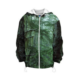Детская куртка 3D с принтом Дремучий лес в Кировске, 100% полиэстер | застежка — молния, подол и капюшон оформлены резинкой с фиксаторами, по бокам — два кармана без застежек, один потайной карман на груди, плотность верхнего слоя — 90 г/м2; плотность флисового подклада — 260 г/м2 | camouflage | dense | fog | forest | spruce | tree | дремучий | ёлка | ельник | камуфляж | лес | маскировка | туман