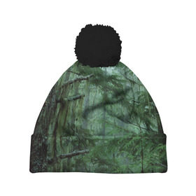 Шапка 3D c помпоном с принтом Дремучий лес в Кировске, 100% полиэстер | универсальный размер, печать по всей поверхности изделия | camouflage | dense | fog | forest | spruce | tree | дремучий | ёлка | ельник | камуфляж | лес | маскировка | туман