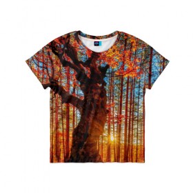 Детская футболка 3D с принтом Осень в Кировске, 100% гипоаллергенный полиэфир | прямой крой, круглый вырез горловины, длина до линии бедер, чуть спущенное плечо, ткань немного тянется | autumn | bright | colors | forest | trees | деревья | краски | лес | лучи | осень | солнце | цвета | яркие