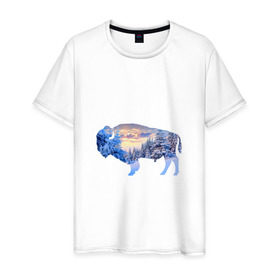 Мужская футболка хлопок с принтом бизон зима в Кировске, 100% хлопок | прямой крой, круглый вырез горловины, длина до линии бедер, слегка спущенное плечо. | 