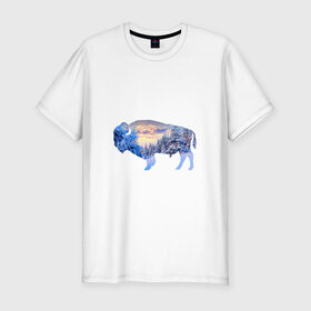 Мужская футболка премиум с принтом бизон зима в Кировске, 92% хлопок, 8% лайкра | приталенный силуэт, круглый вырез ворота, длина до линии бедра, короткий рукав | Тематика изображения на принте: 