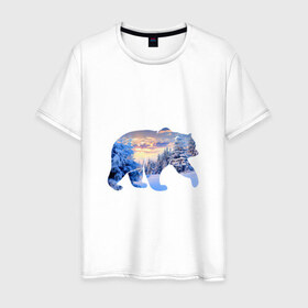 Мужская футболка хлопок с принтом медведь зима в Кировске, 100% хлопок | прямой крой, круглый вырез горловины, длина до линии бедер, слегка спущенное плечо. | деревья | зима | медведь | облака | снег | солнце