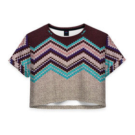 Женская футболка 3D укороченная с принтом Плетение в Кировске, 100% полиэстер | круглая горловина, длина футболки до линии талии, рукава с отворотами | зигзаг | свитер | текстура