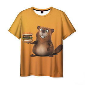 Мужская футболка 3D с принтом Бобренок в Кировске, 100% полиэфир | прямой крой, круглый вырез горловины, длина до линии бедер | бобер | бобрик | гамбургер | дети. ярко | еда | желтый. весело | креатив | прикол