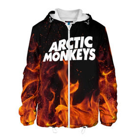 Мужская куртка 3D с принтом Arctic Monkeys fire в Кировске, ткань верха — 100% полиэстер, подклад — флис | прямой крой, подол и капюшон оформлены резинкой с фиксаторами, два кармана без застежек по бокам, один большой потайной карман на груди. Карман на груди застегивается на липучку | 
