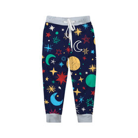 Детские брюки 3D с принтом Звездное небо в Кировске, 100% полиэстер | манжеты по низу, эластичный пояс регулируется шнурком, по бокам два кармана без застежек, внутренняя часть кармана из мелкой сетки | абстракция | арт | звезды | космос | луна | месяц | небо | планеты