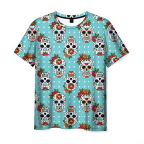 Мужская футболка 3D с принтом Узор Черепа Чикано в Кировске, 100% полиэфир | прямой крой, круглый вырез горловины, длина до линии бедер | кости | мексика | мозаика | узор | цветы | череп | чикано