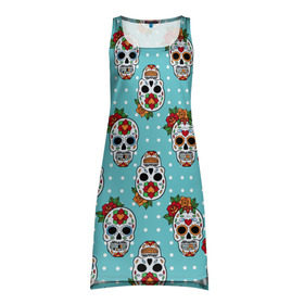 Платье-майка 3D с принтом Узор Черепа Чикано в Кировске, 100% полиэстер | полуприлегающий силуэт, широкие бретели, круглый вырез горловины, удлиненный подол сзади. | кости | мексика | мозаика | узор | цветы | череп | чикано