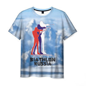 Мужская футболка 3D с принтом Biathlon russia в Кировске, 100% полиэфир | прямой крой, круглый вырез горловины, длина до линии бедер | Тематика изображения на принте: биатлон