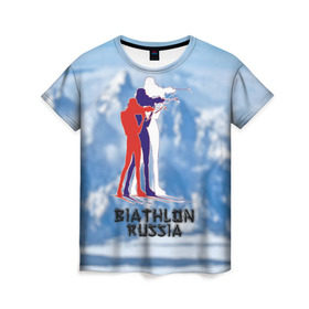 Женская футболка 3D с принтом Biathlon russia в Кировске, 100% полиэфир ( синтетическое хлопкоподобное полотно) | прямой крой, круглый вырез горловины, длина до линии бедер | биатлон