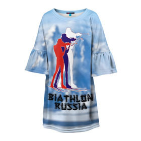 Детское платье 3D с принтом Biathlon russia в Кировске, 100% полиэстер | прямой силуэт, чуть расширенный к низу. Круглая горловина, на рукавах — воланы | Тематика изображения на принте: биатлон