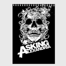 Скетчбук с принтом Asking Alexandria в Кировске, 100% бумага
 | 48 листов, плотность листов — 100 г/м2, плотность картонной обложки — 250 г/м2. Листы скреплены сверху удобной пружинной спиралью | asking alexandria | музыка | рок | череп