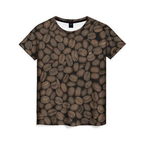 Женская футболка 3D с принтом Кофейные зёрна в Кировске, 100% полиэфир ( синтетическое хлопкоподобное полотно) | прямой крой, круглый вырез горловины, длина до линии бедер | coffee | coffee grains | grains | кофе | кофейные зёрна