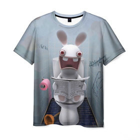 Мужская футболка 3D с принтом Кролик с газетой в Кировске, 100% полиэфир | прямой крой, круглый вырез горловины, длина до линии бедер | Тематика изображения на принте: rabbids | вантуз | горшок | зайцы засранцы | заяц | туалет