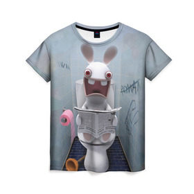 Женская футболка 3D с принтом Кролик с газетой в Кировске, 100% полиэфир ( синтетическое хлопкоподобное полотно) | прямой крой, круглый вырез горловины, длина до линии бедер | rabbids | вантуз | горшок | зайцы засранцы | заяц | туалет