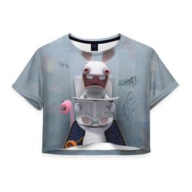 Женская футболка 3D укороченная с принтом Кролик с газетой в Кировске, 100% полиэстер | круглая горловина, длина футболки до линии талии, рукава с отворотами | rabbids | вантуз | горшок | зайцы засранцы | заяц | туалет