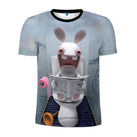 Мужская футболка 3D спортивная с принтом Кролик с газетой в Кировске, 100% полиэстер с улучшенными характеристиками | приталенный силуэт, круглая горловина, широкие плечи, сужается к линии бедра | rabbids | вантуз | горшок | зайцы засранцы | заяц | туалет